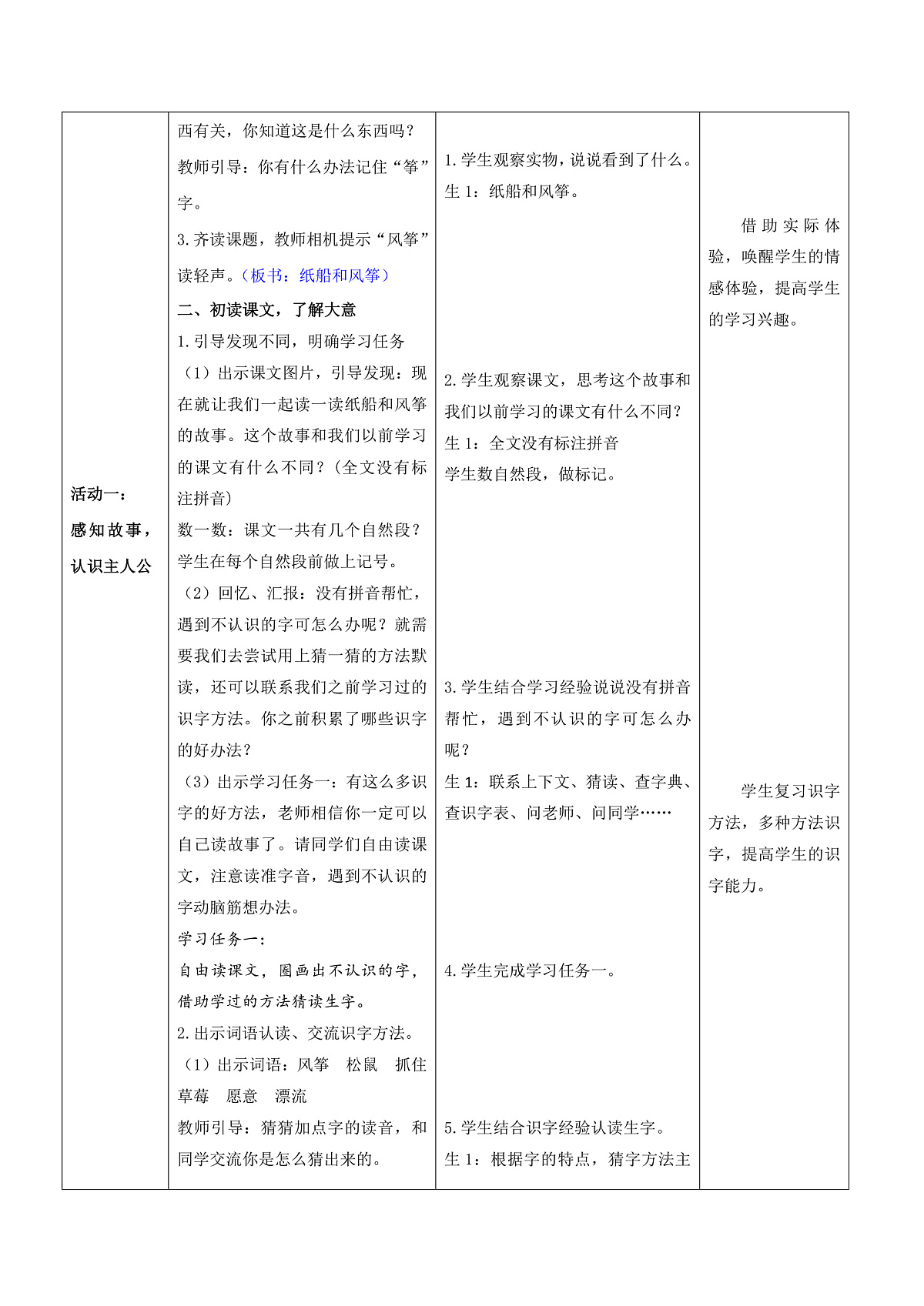 3.《纸船和风筝》表格式教案第2页