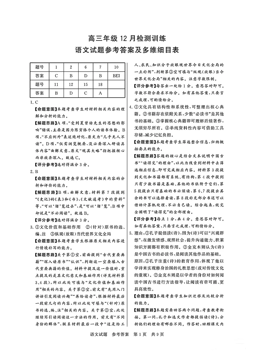 高三语文试题参考答案及多维细目表第1页