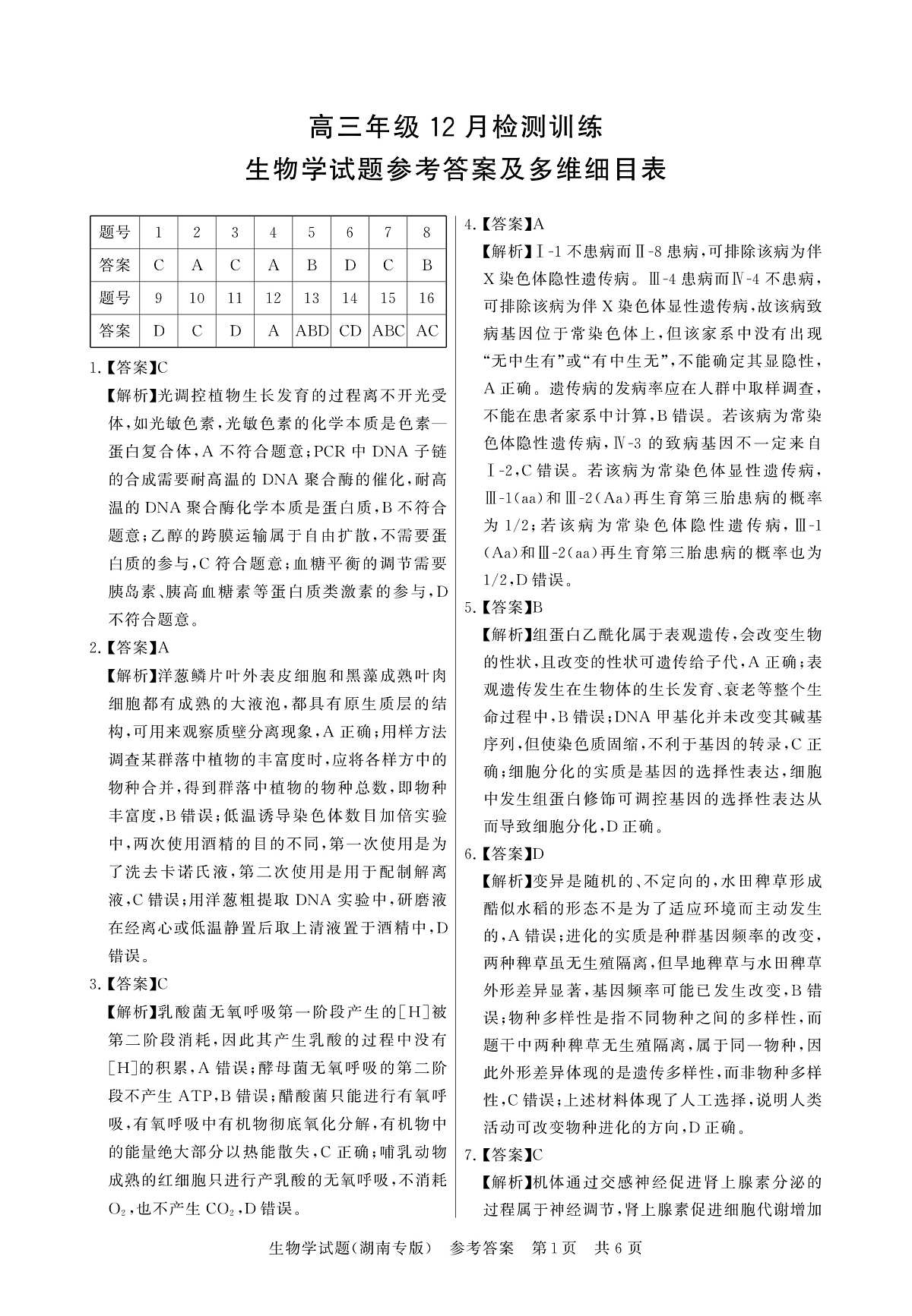 T8（湖南卷）-2026届高三12月检测训练生物答案第1页