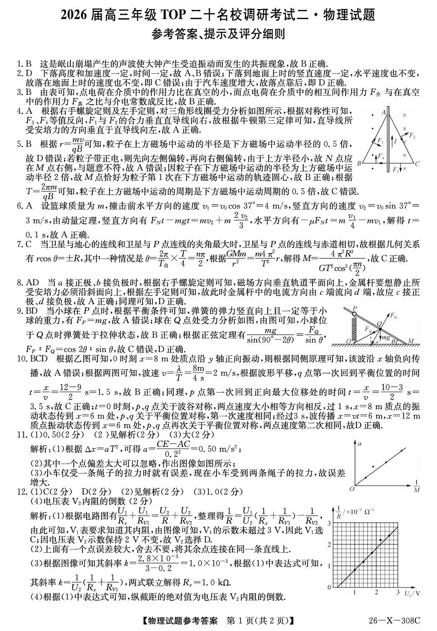 河南省2026届高三年级TOP二十名校调研考试二（26-X-308C）物理答案第1页