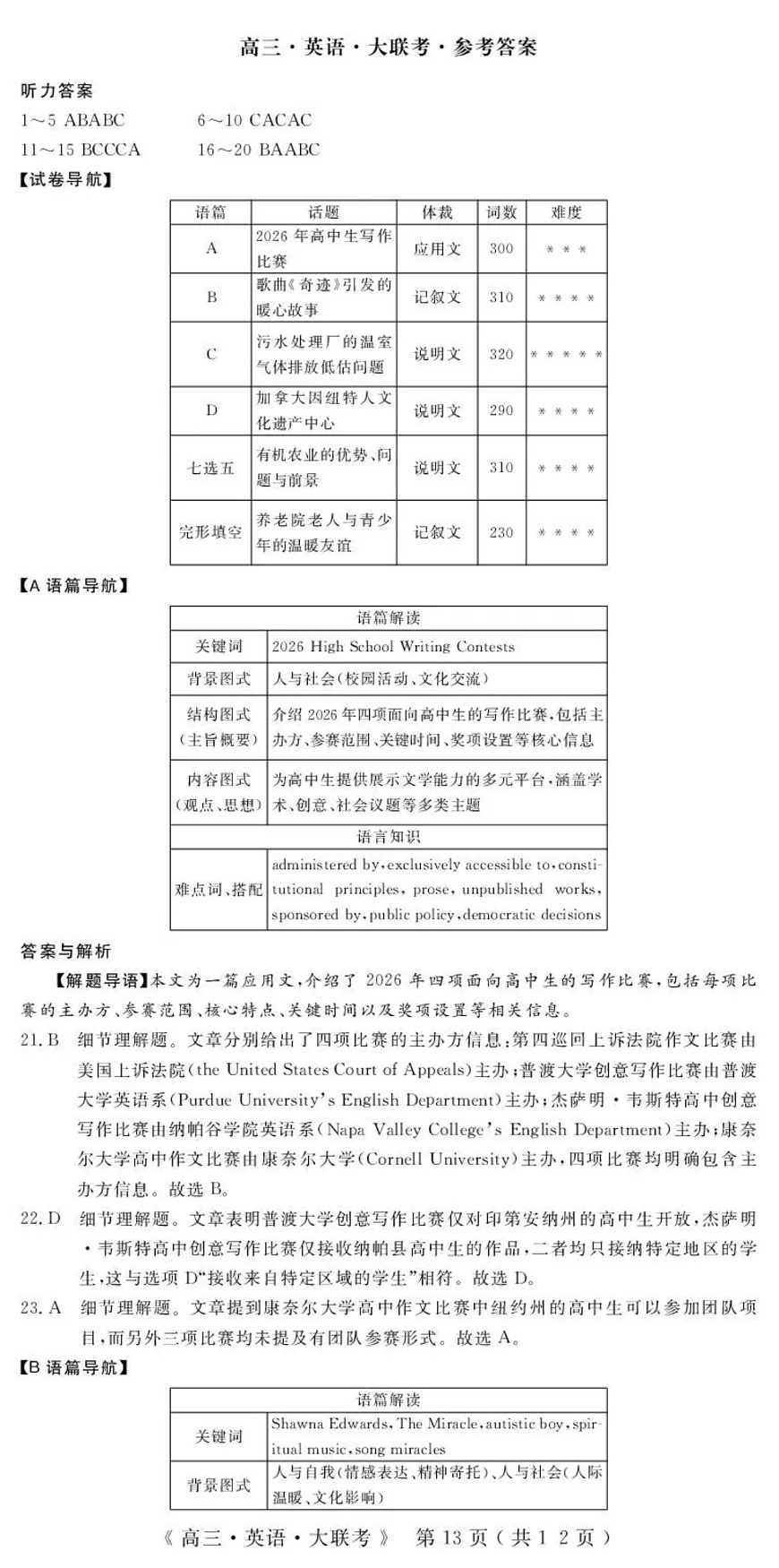 2026届高中联盟12月高三联考英语答案第1页