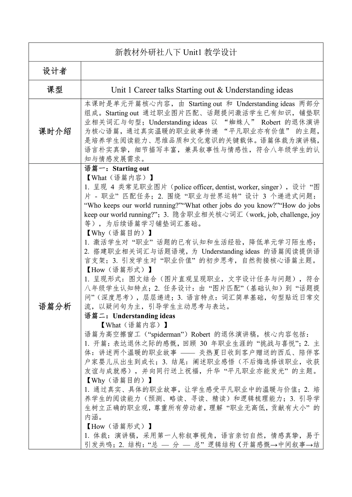 Unit 1 Career talks Starting out & Understanding ideas 表格式教学设计-新外研版八年级下册第1页