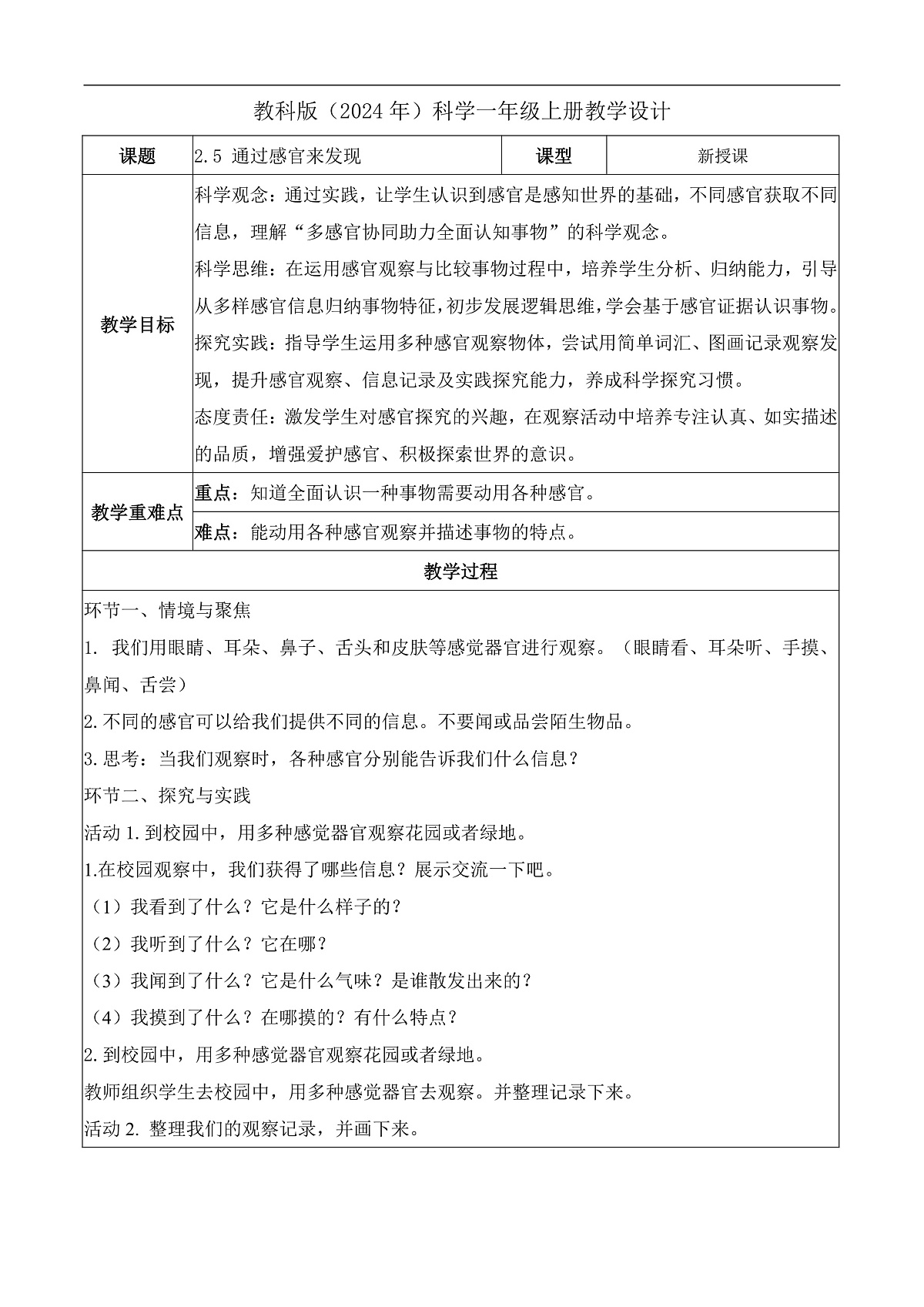 教科版科学一上2.5《通过感官来发现》教学设计第1页