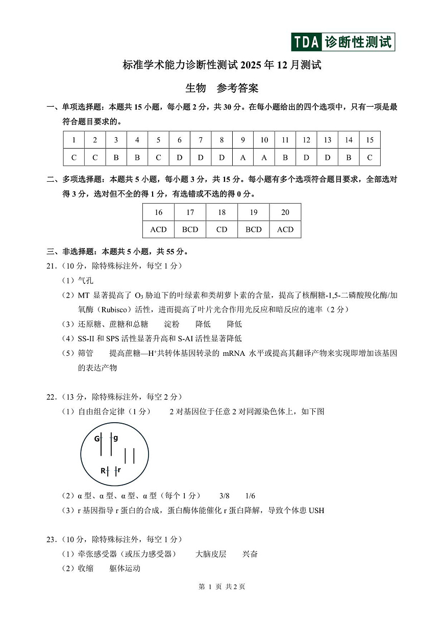 2025年12月诊断性测试生物答案第1页