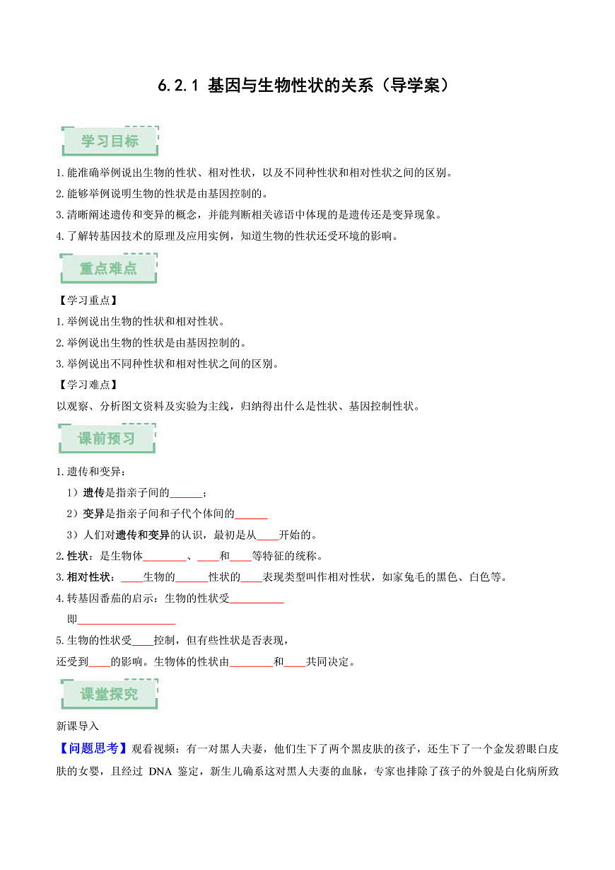 6.2.1 基因与生物性状的关系（原卷版）（导学案）生物人教版2024八年级上册第1页