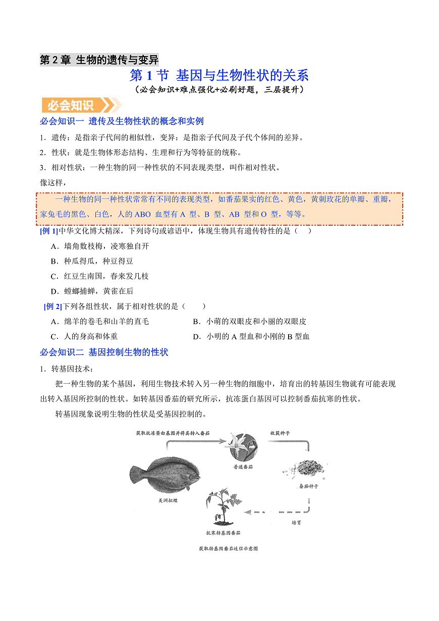 6.2.1 基因与生物性状的关系（提升讲义）生物新教材人教版八年级下册（原卷版）第1页