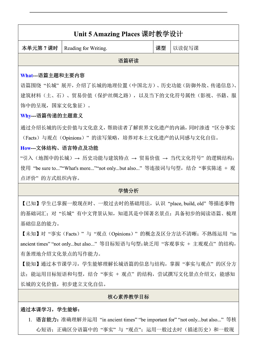 Unit 5 Amazing Places 第7课时Reading for Writing 教学设计第1页