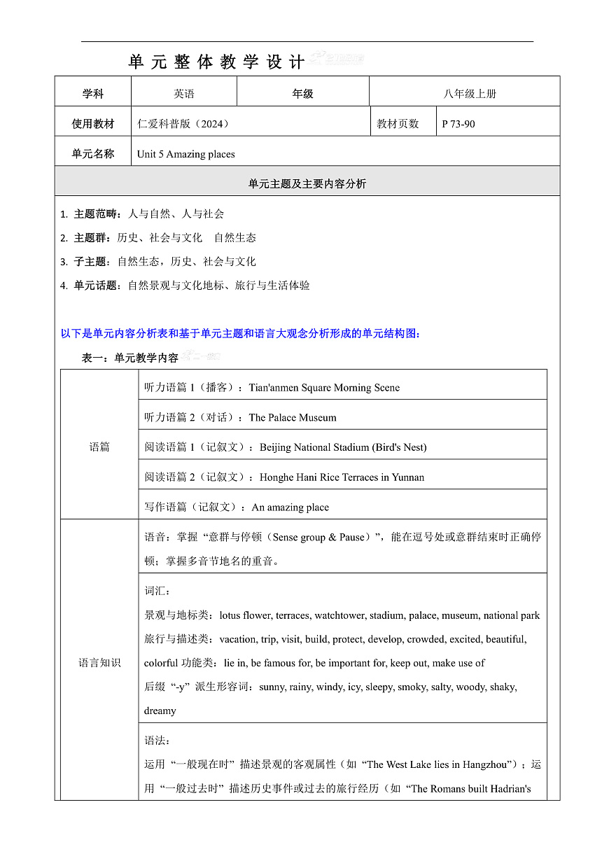 Unit 5 Amazing places 大单元整体教学分析第1页