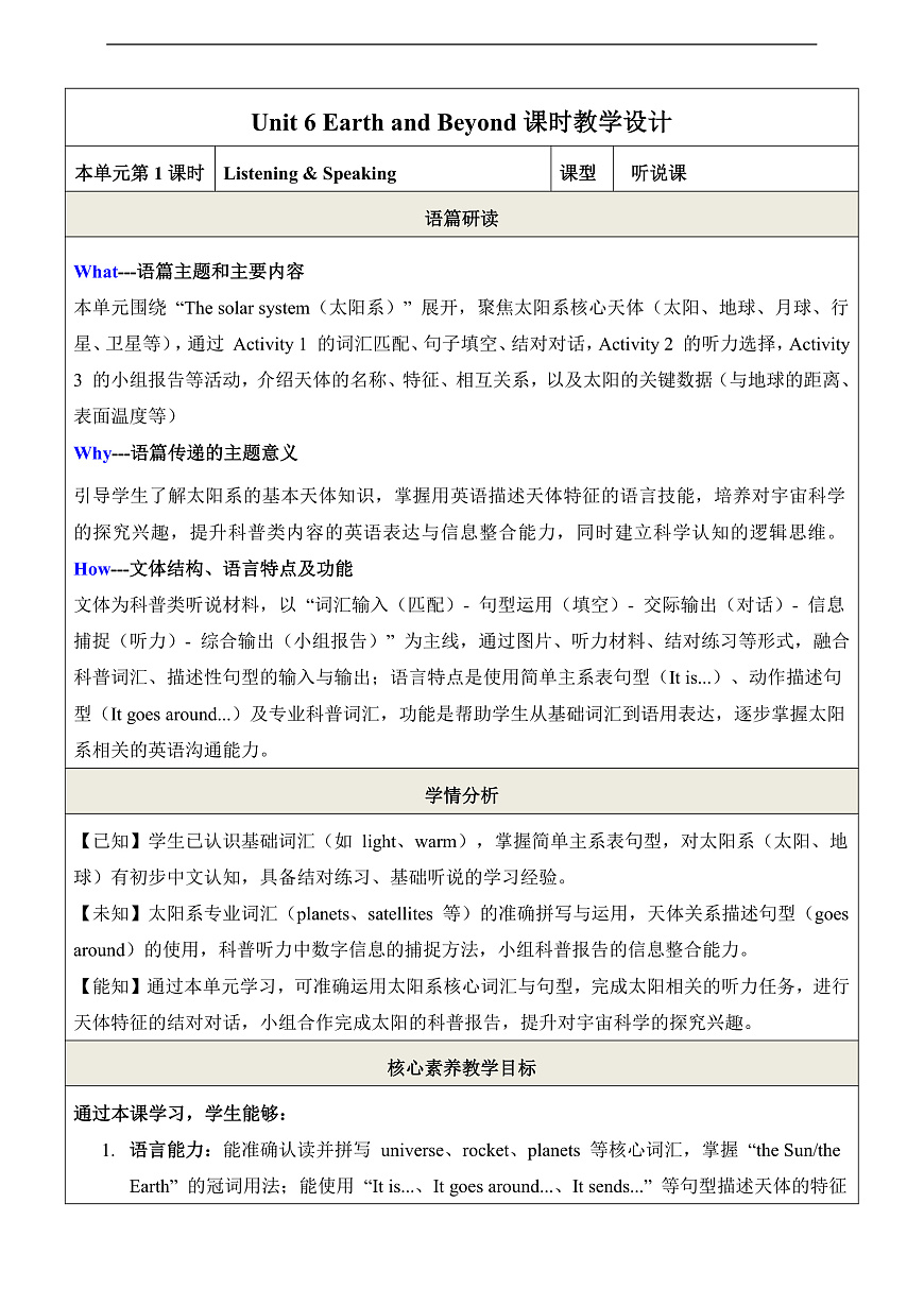 Unit 6 Earth and Beyond 第1课时Listening & Speaking 教学设计第1页