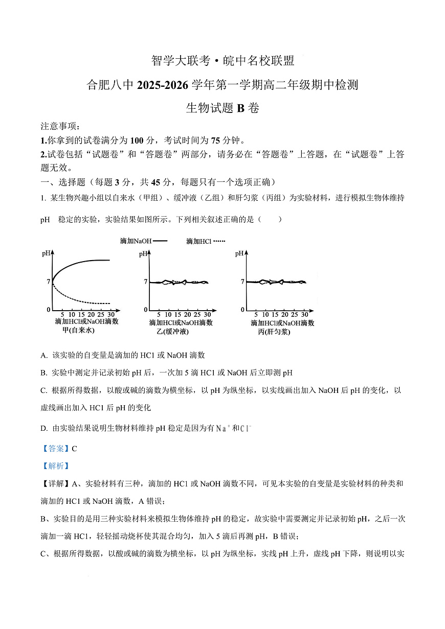 安徽省智学大联考皖中名校联盟（合肥市第八中学）2025-2026学年高二上学期11月期中检测生物试题B Word版含解析第1页