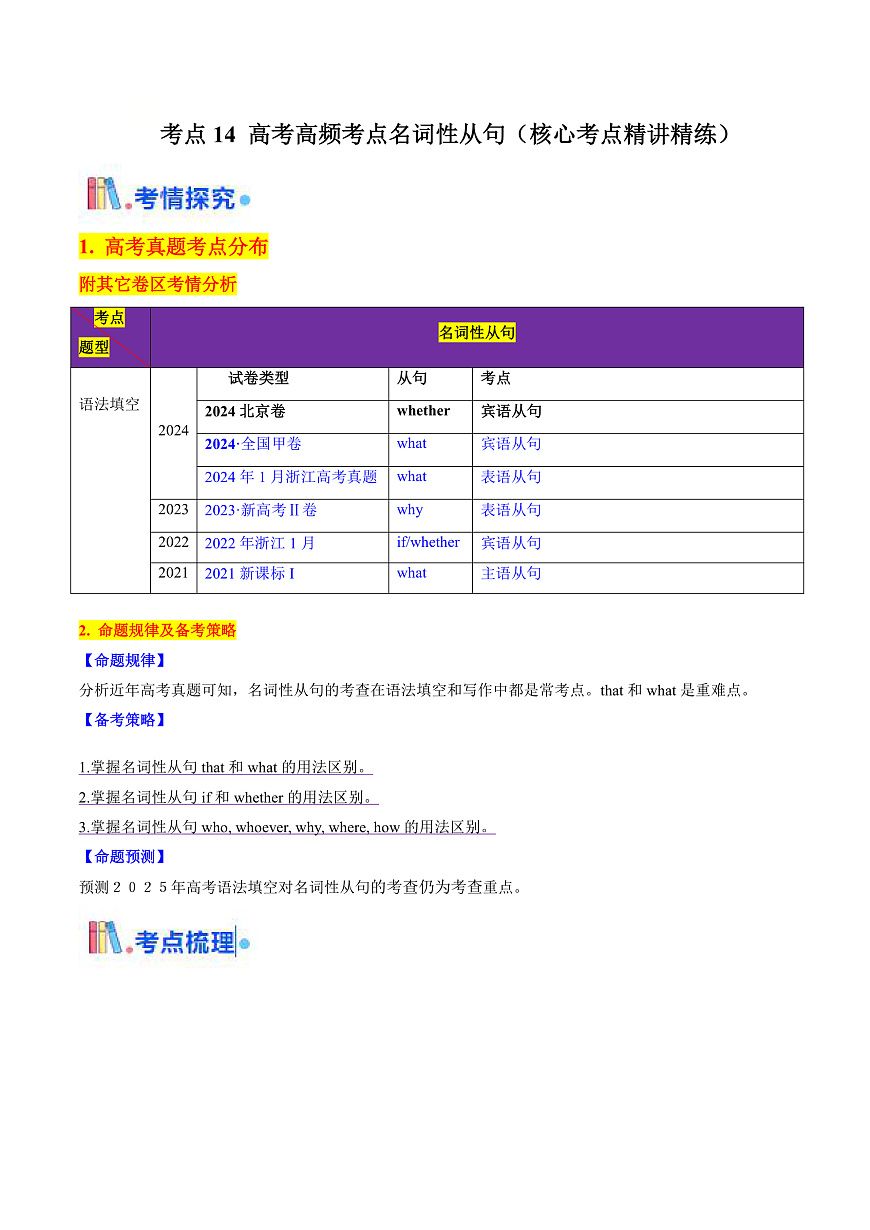 高考英语一轮讲义-高考高频考点名词性从句（学生版)第1页