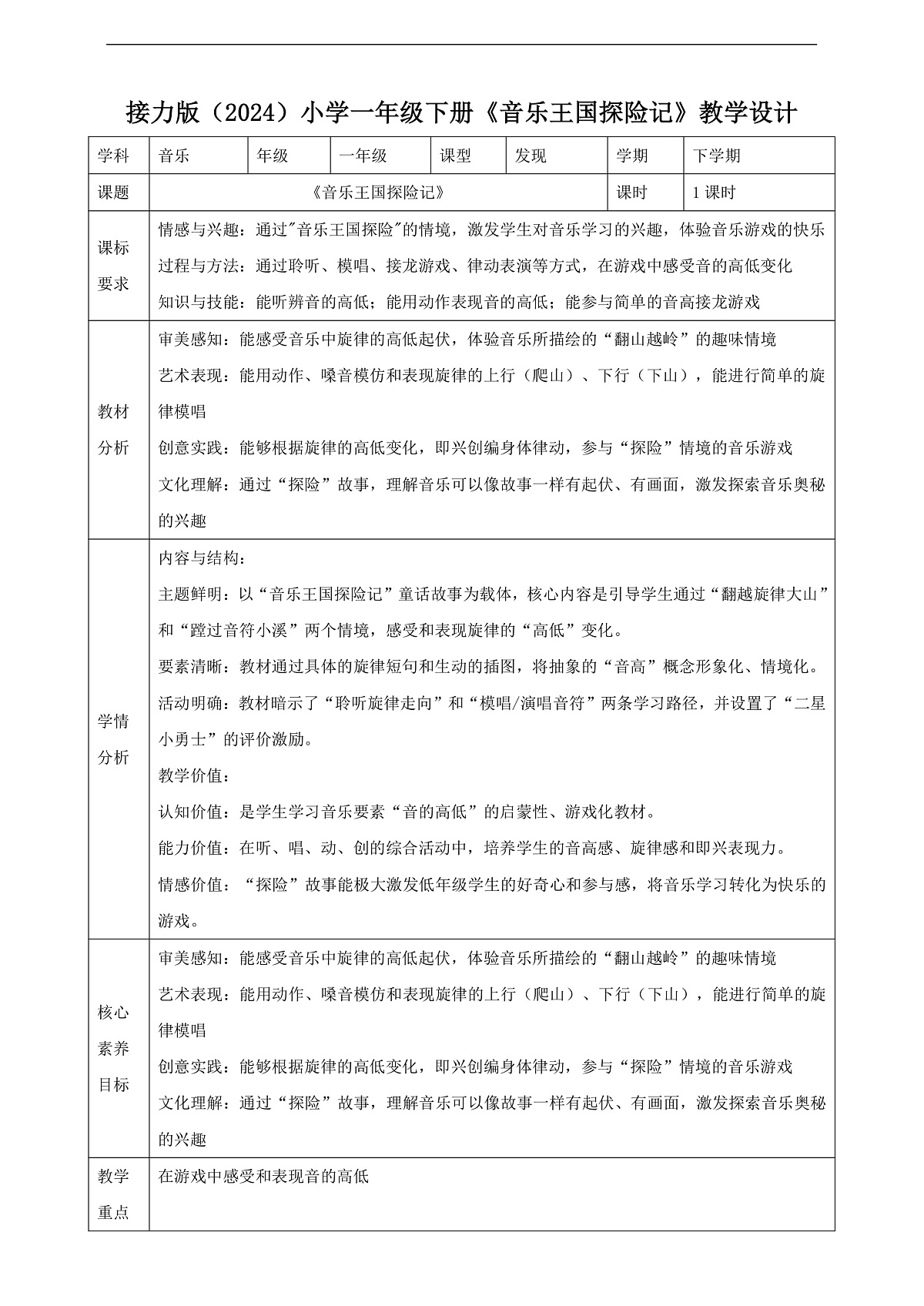 【接力版】音乐一年级下册 第三单元《音乐王国探险记》 教案第1页