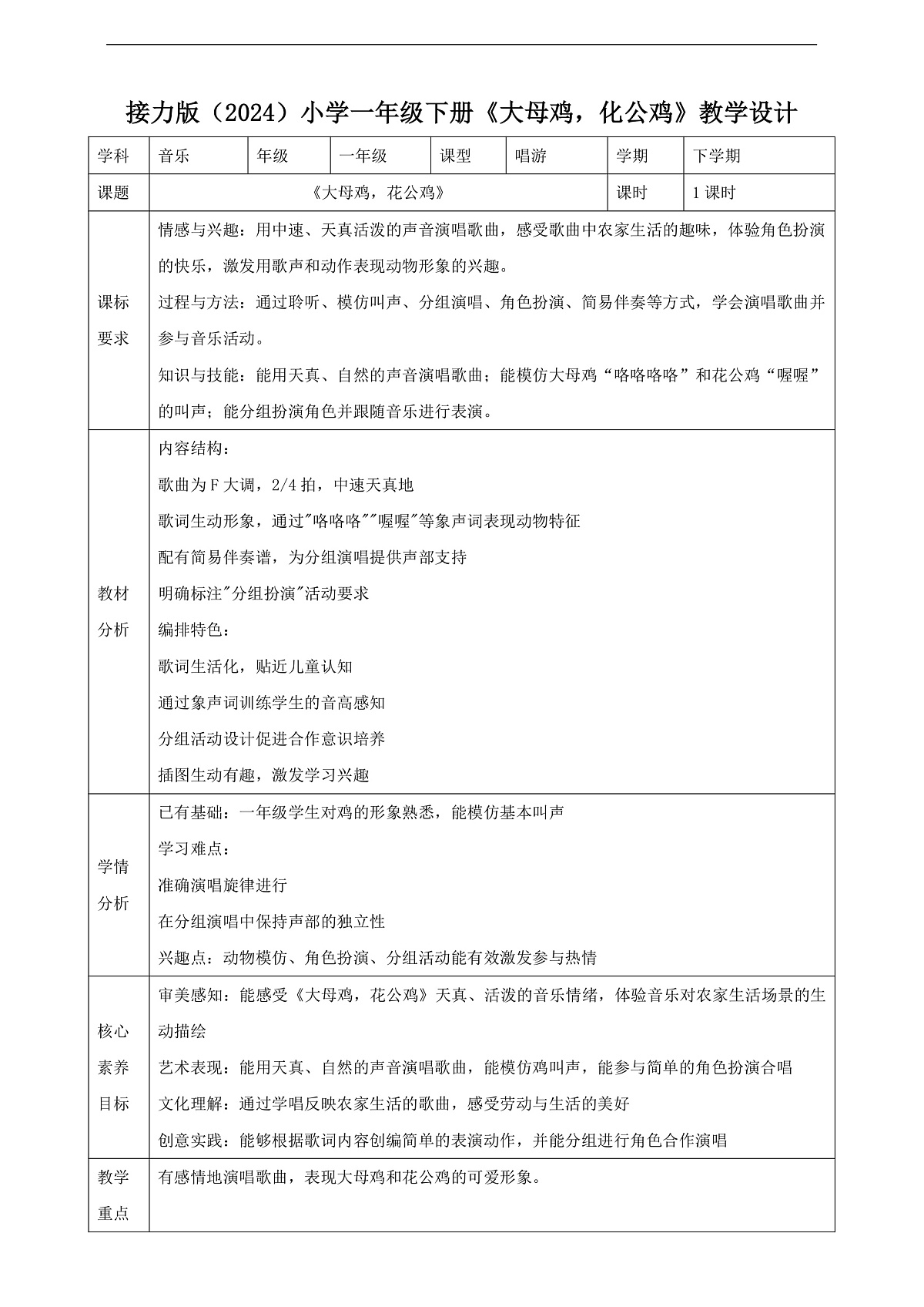 【接力版】音乐一年级下册 第四单元《大母鸡，花公鸡》 教案第1页