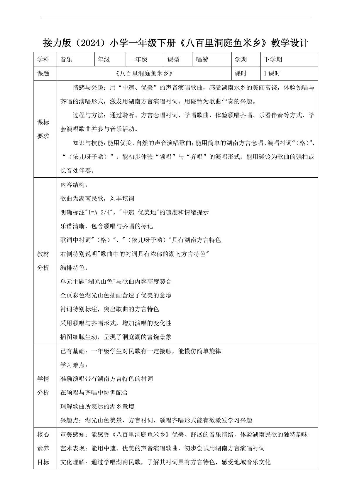 【接力版】音乐一年级下册 第五单元《八百里洞庭鱼米乡》 教案第1页
