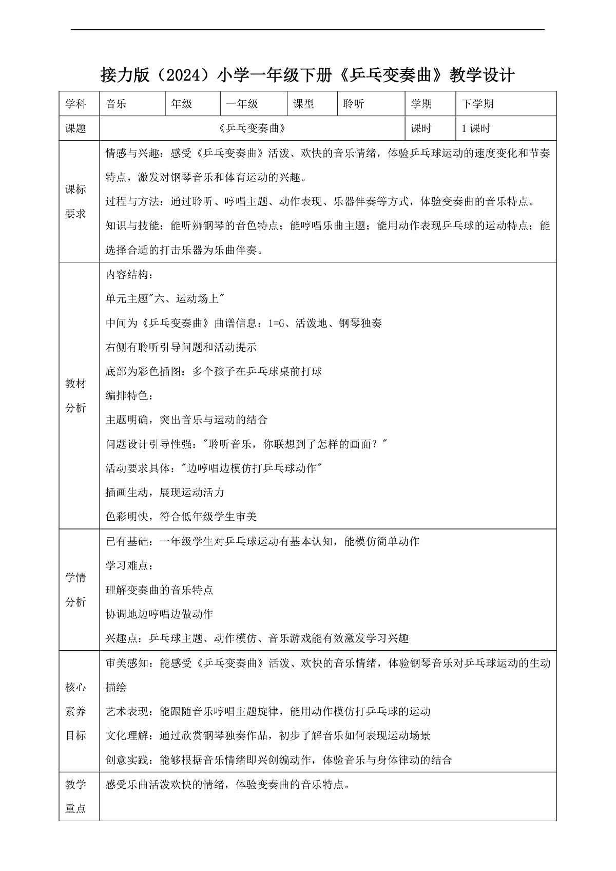 【接力版】音乐一年级下册 第六单元《乒乓变奏曲》 教案第1页