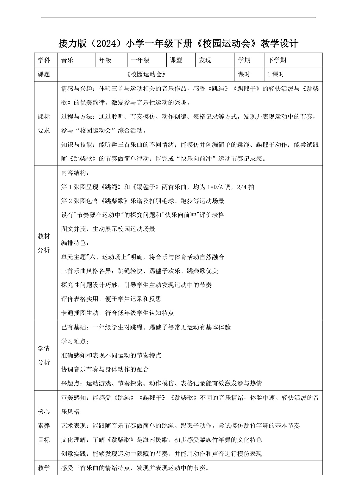 【接力版】音乐一年级下册 第六单元《校园运动会》 教案第1页