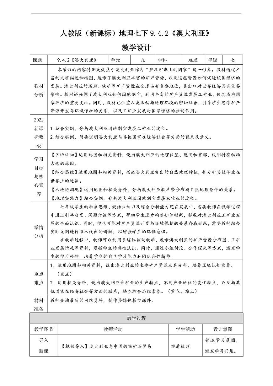 人教版（新课标）地理七下9.4.2《澳大利亚》教案第1页