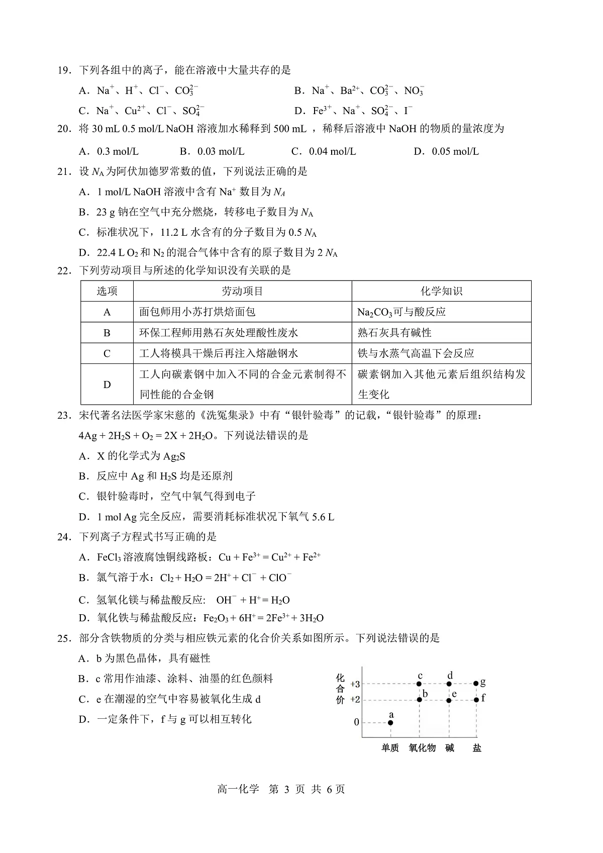 化学-黑龙江省哈尔滨市2028届高一上学期期末学业质量检测试卷+答案第3页