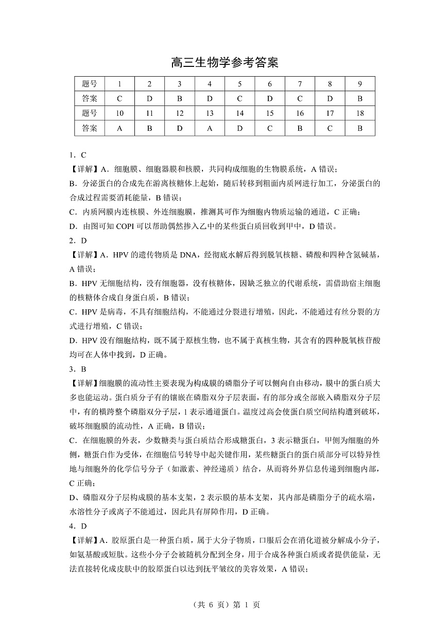 2025-2026学年湖北部分市高三上学期期末生物试题答案第1页