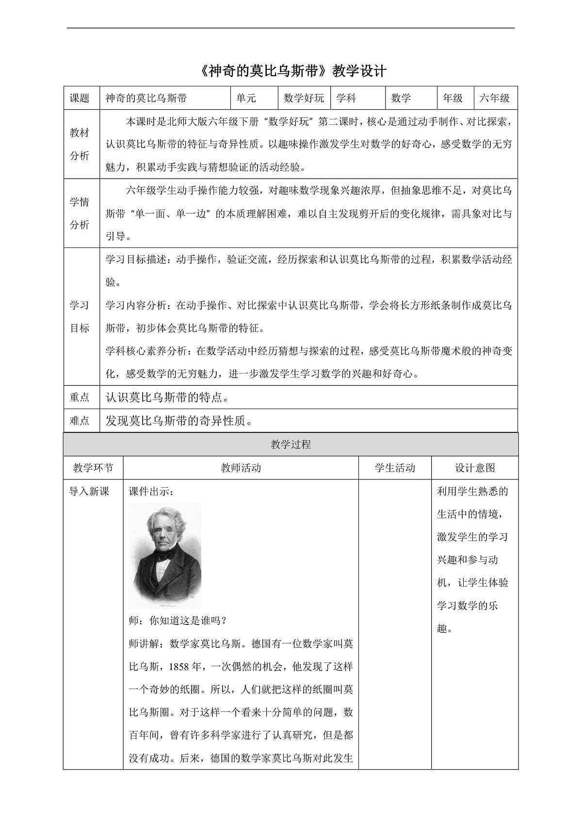 【任务型备课】北师大版数学六年级下册- 数学好玩2.神奇的莫比乌斯带 （教学设计）第1页