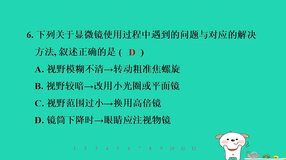2025七年级生物上册第一单元生物体的结构层次第一章细胞第一节显微镜的使用习题课件冀少版（含答案）第7页