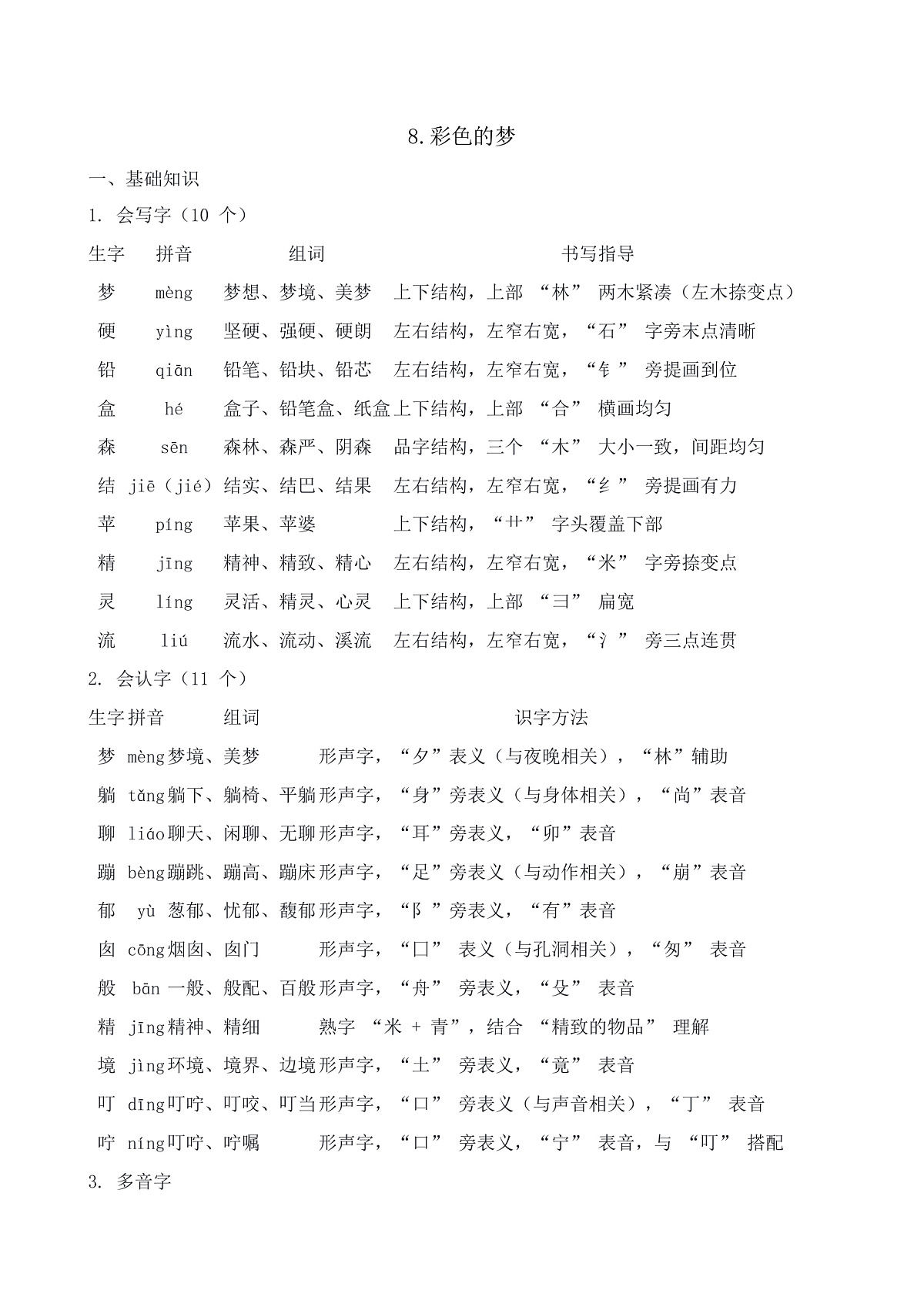 【任务型备课】统编版二年级语文下册-8. 彩色的梦（知识清单）第1页