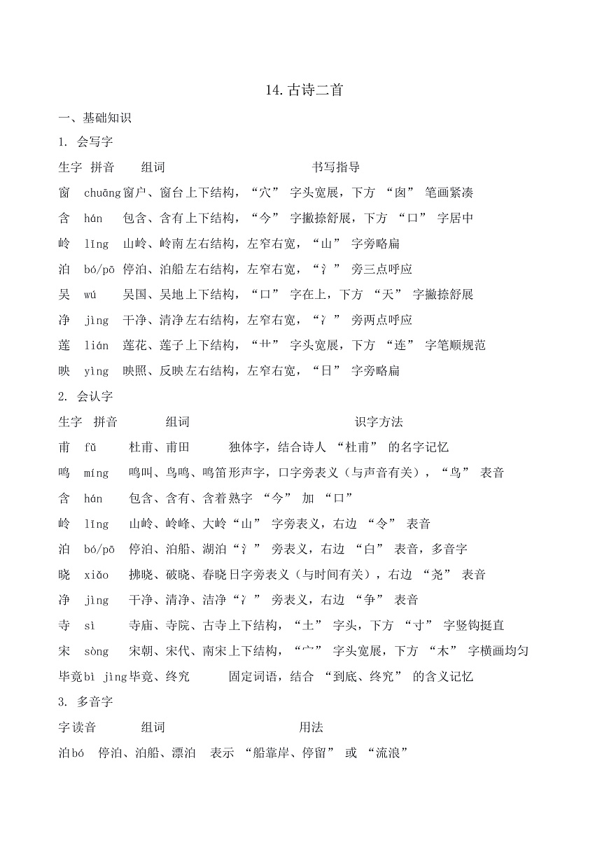 【任务型备课】统编版二年级语文下册-14. 古诗二首（知识清单）第1页