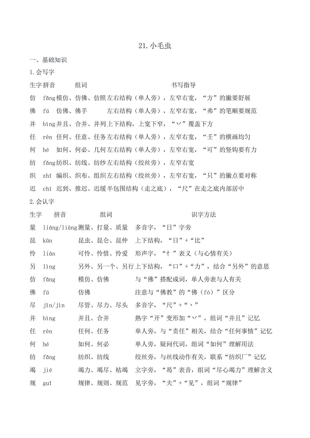 【任务型备课】统编版二年级语文下册-21. 小毛虫（知识清单）第1页