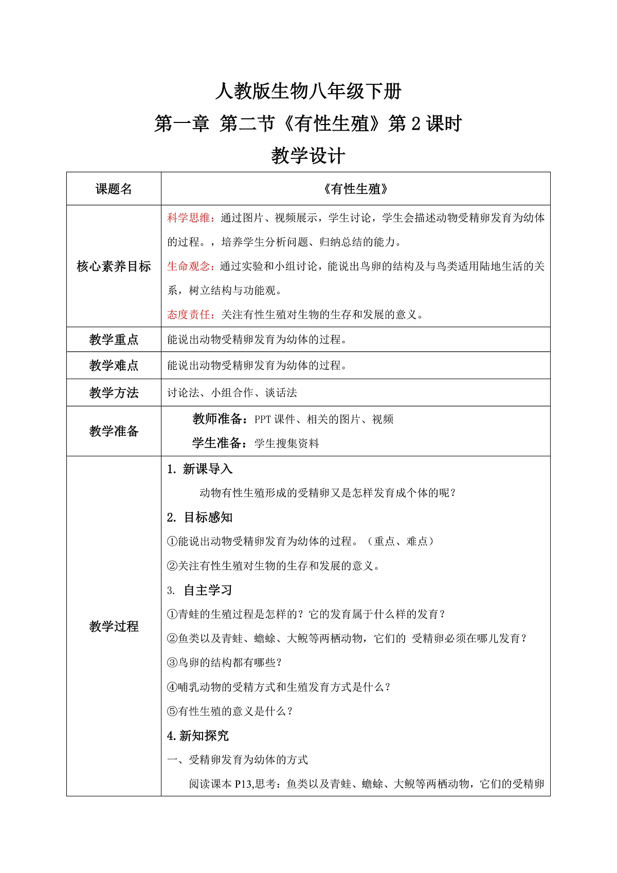 【核心素养目标】人教版初中生物八年级下册6.1.2《有性生殖》第2课时 教学设计（含教学反思）第1页