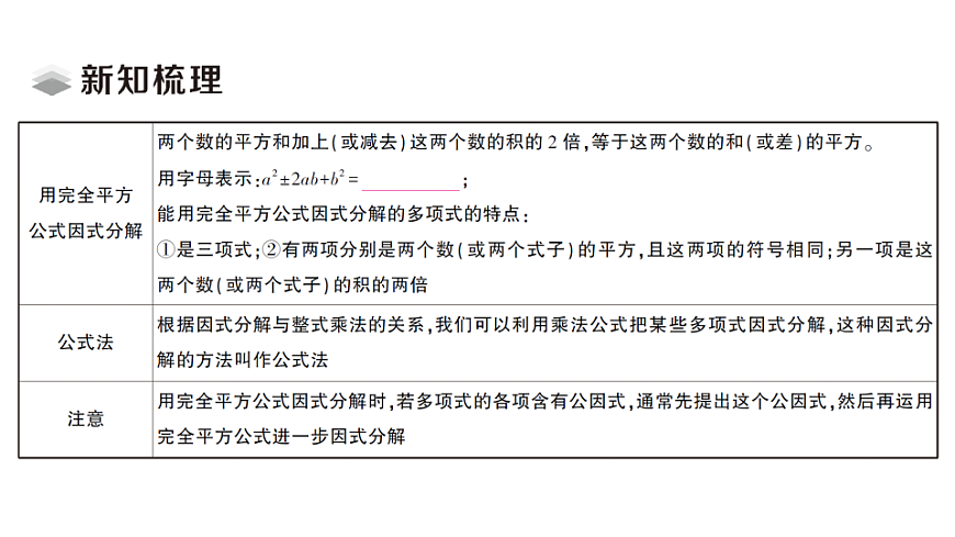 初中数学新北师大版八年级下册第四章3第二课时 利用完全平方公式因式分解课堂作业课件（2026春）（放映显示答案）第2页