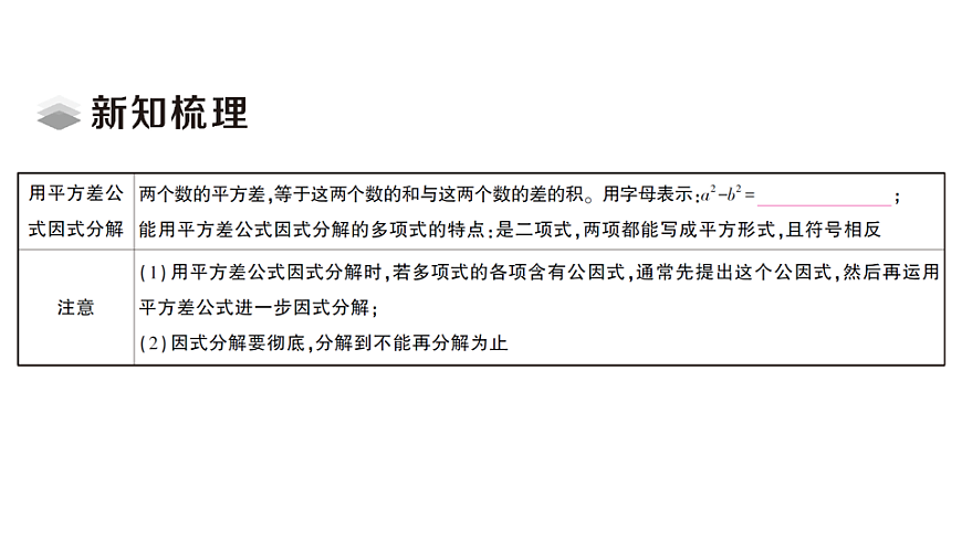 初中数学新北师大版八年级下册第四章3第一课时 利用平方差公式因式分解课堂作业课件（2026春）（放映显示答案）第2页