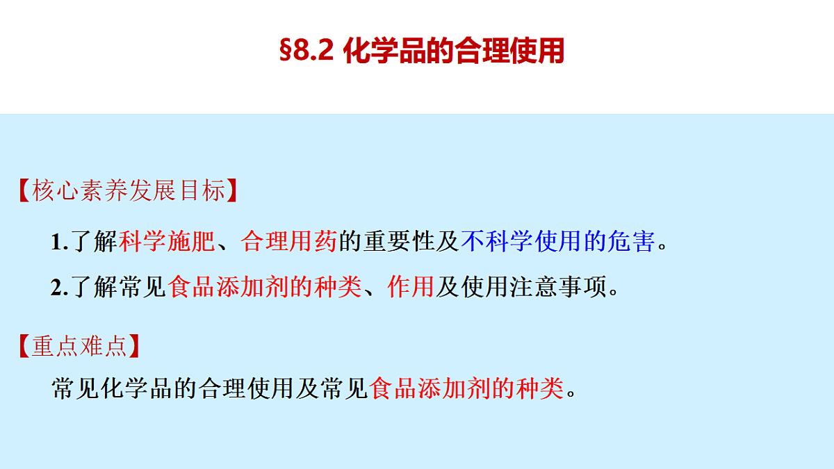 2025-2026学年高一下学期化学人教版（2019）必修第二册课件8.2化学品的合理使用第1页