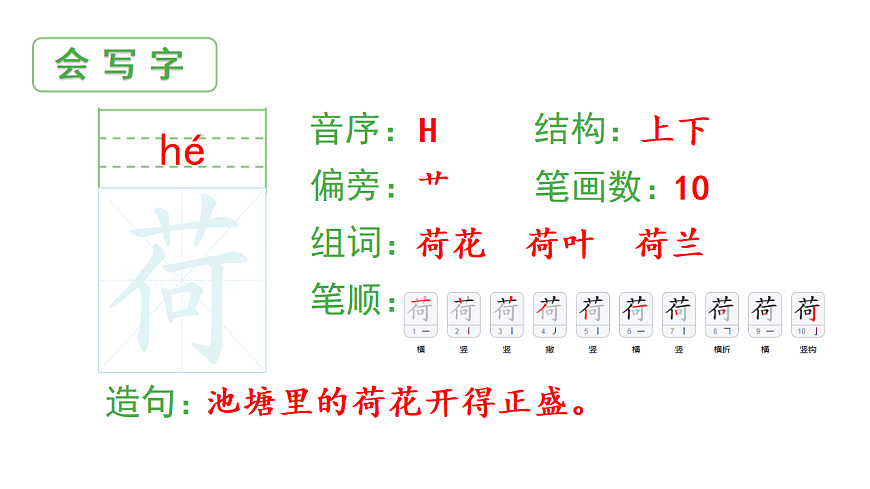 小学语文新部编版三年级下册第一单元3 荷花生字课件（2026春新版）第2页