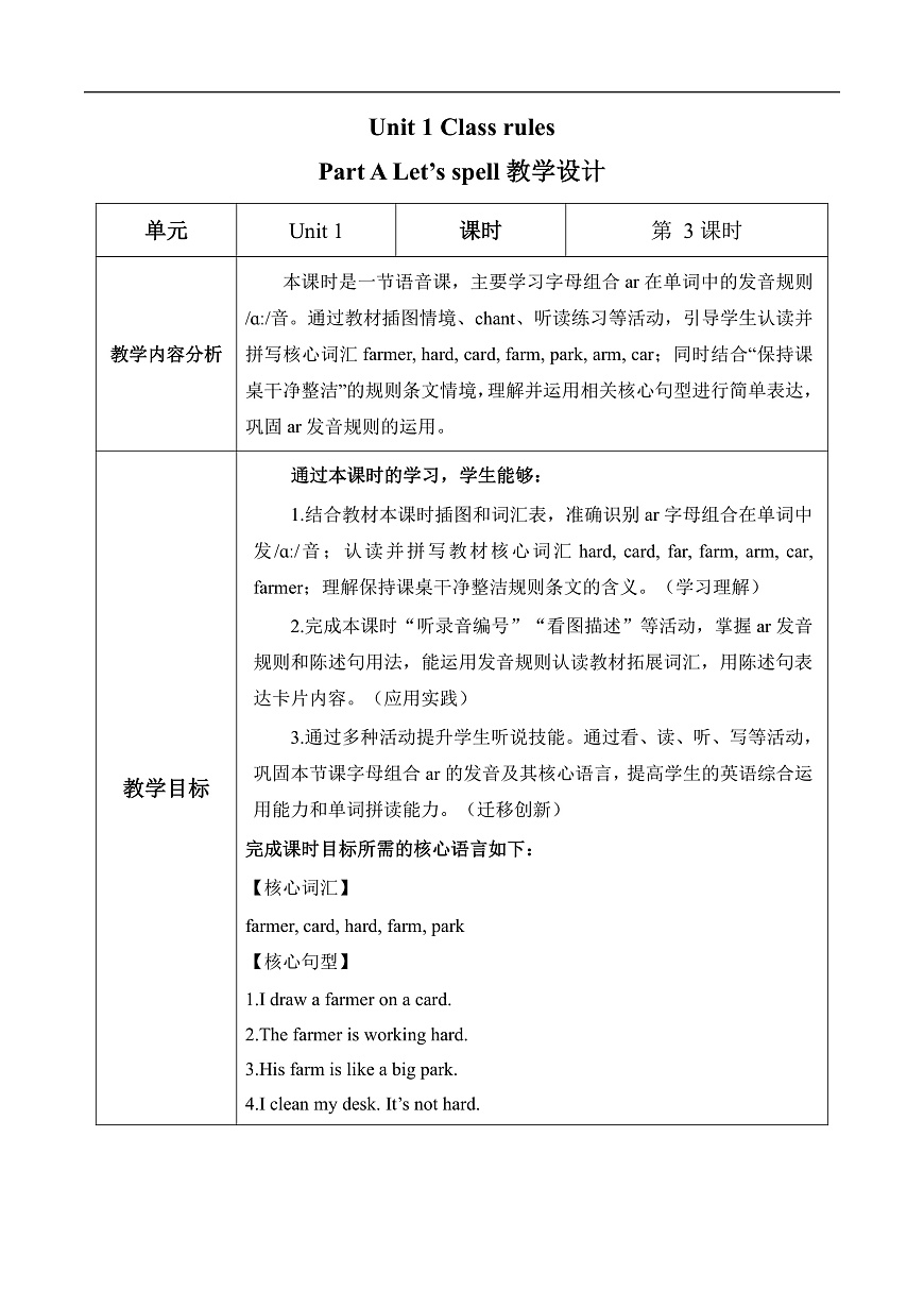 Unit 1 第3课时 Part A Let’s spell 教学设计.dox第1页