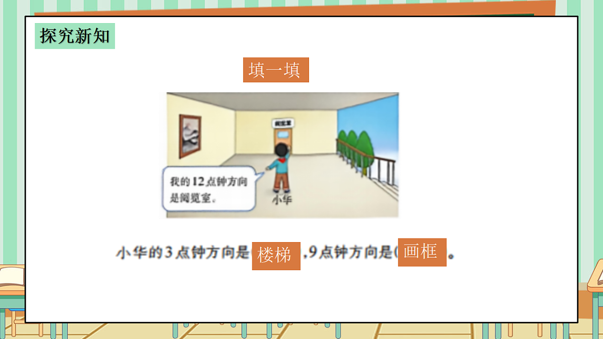 西师版小学三年级下册数学《综合与实践-神秘的宝藏》《活动四：了解“几点钟方向”，制作“宝藏图”》课件第7页