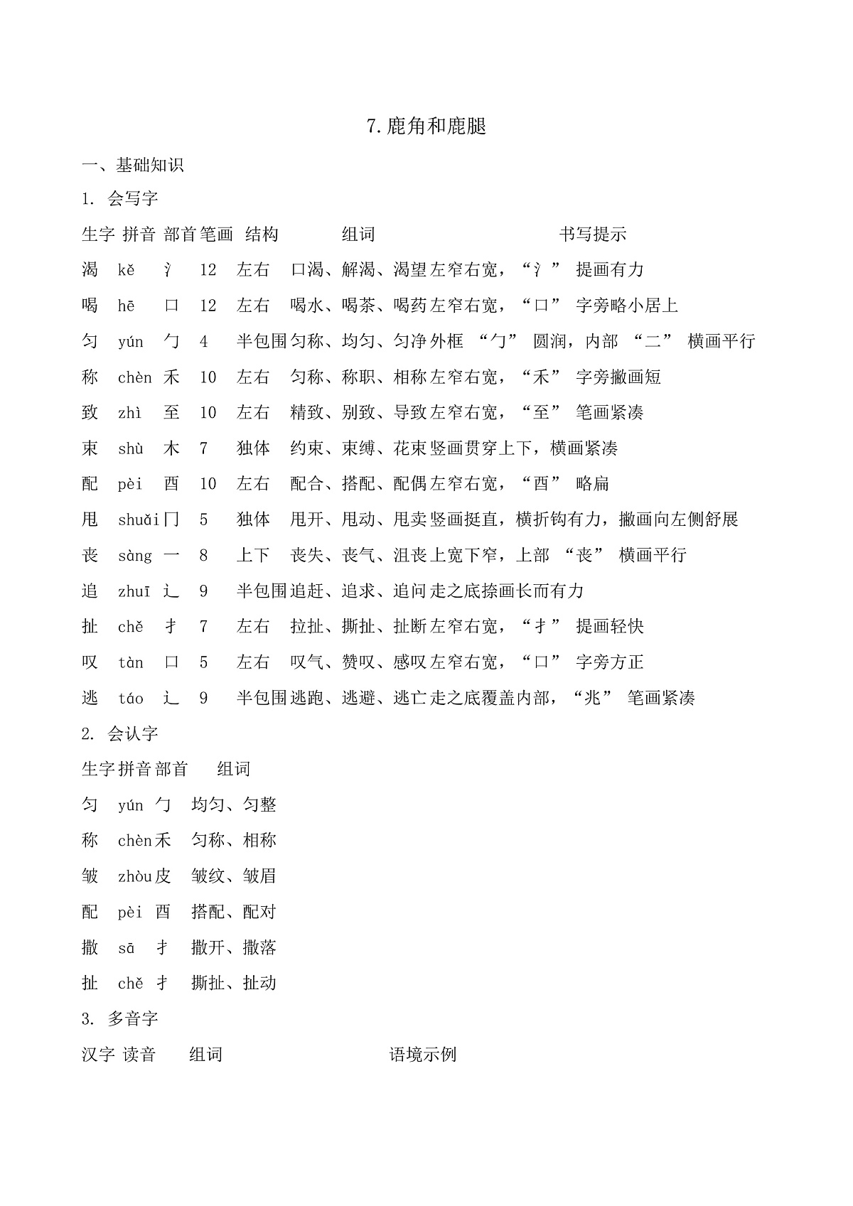 【任务型备课】统编版三年级语文下册-7. 鹿角和鹿腿（知识清单）第1页