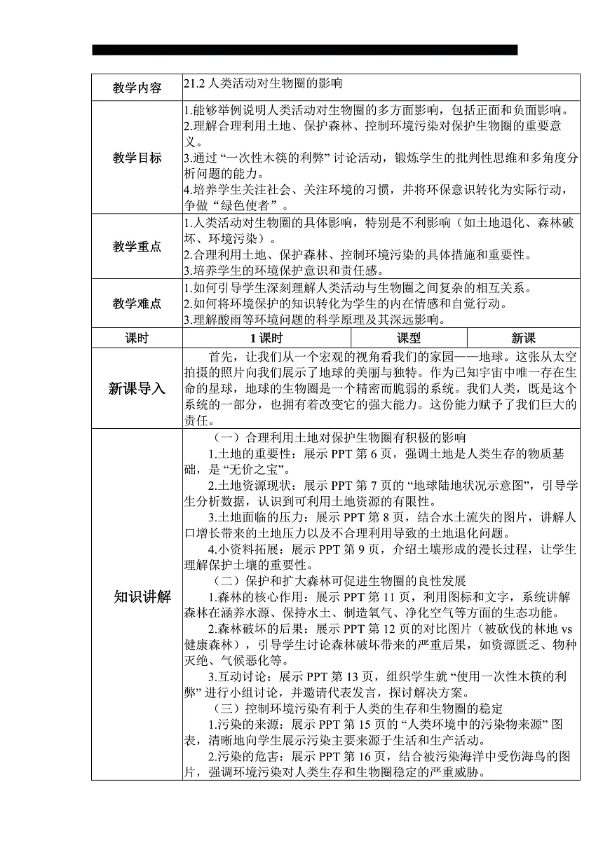八下（北师大版2024）21.2人类活动对生物圈的影响 教案第1页