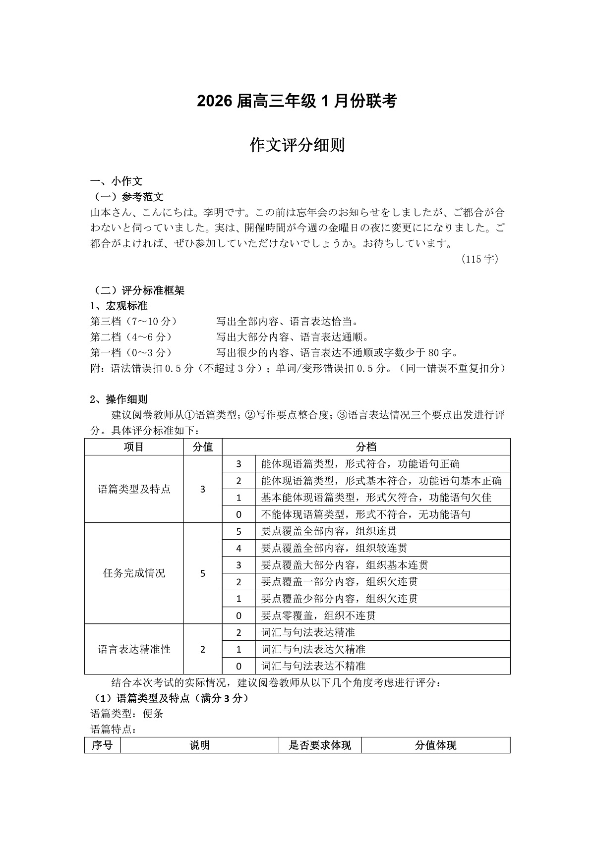 高三日语作为评分标准（2026届高三年级1月份适应性测试）第1页