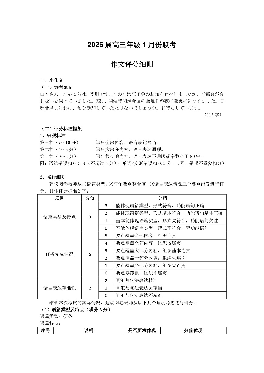 高三日语作为评分标准（2026届高三年级1月份适应性测试）第1页