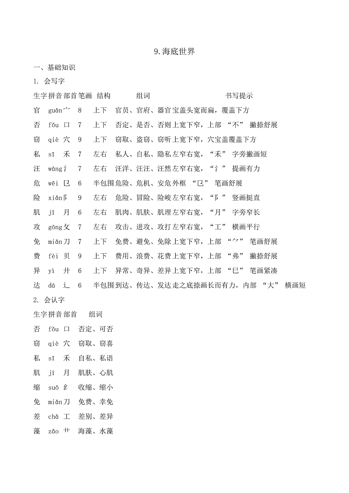 【任务型备课】统编版三年级语文下册-9. 海底世界（知识清单）第1页