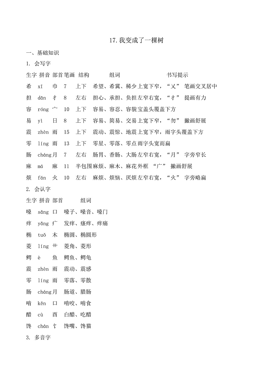 【任务型备课】统编版三年级语文下册-17. 我变成了一棵树（知识清单）第1页
