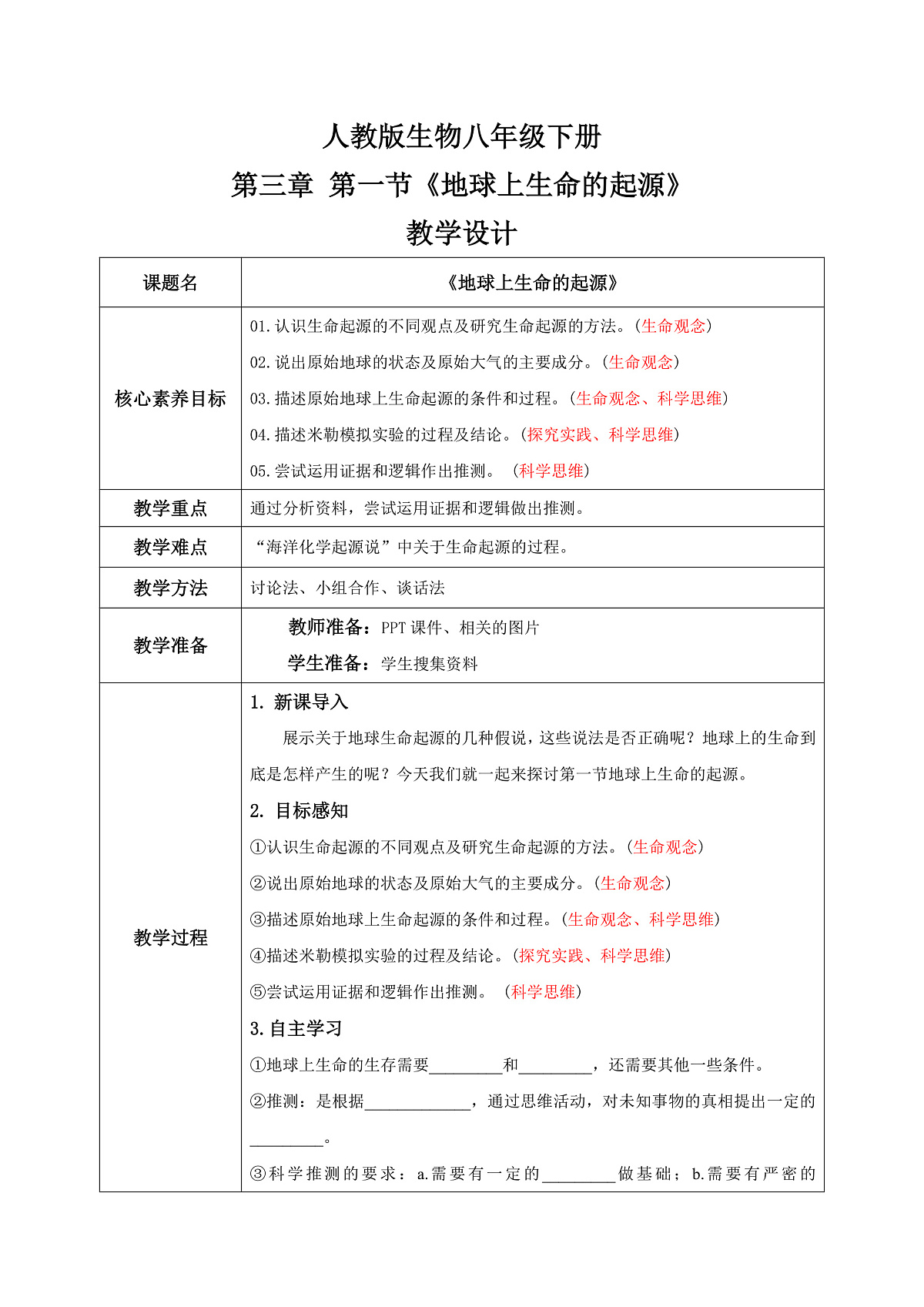 【核心素养目标】人教版初中生物八年级下册6.3.1《地球上生命的起源》教案 教学设计第1页