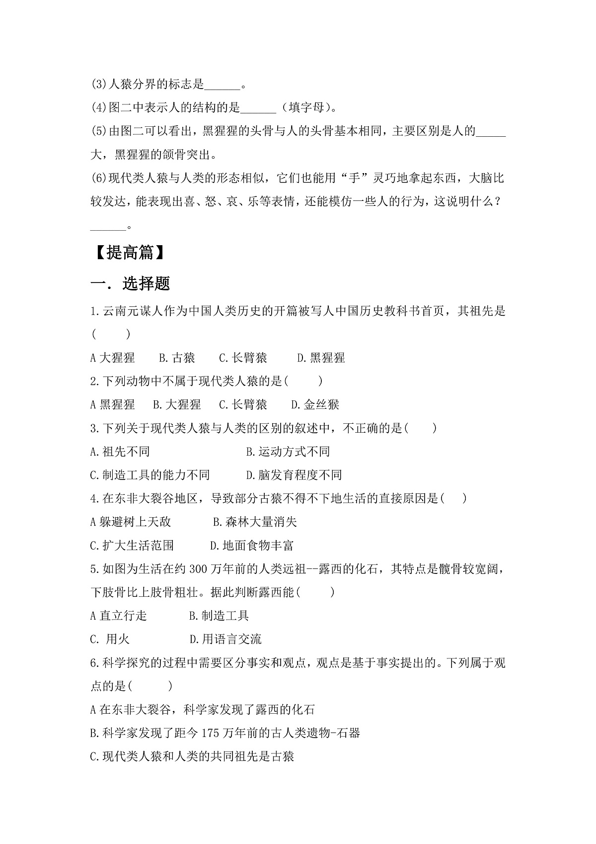 人教版初中生物八年级下册6.3.4《人类的起源》同步分层练习（含答案）第3页