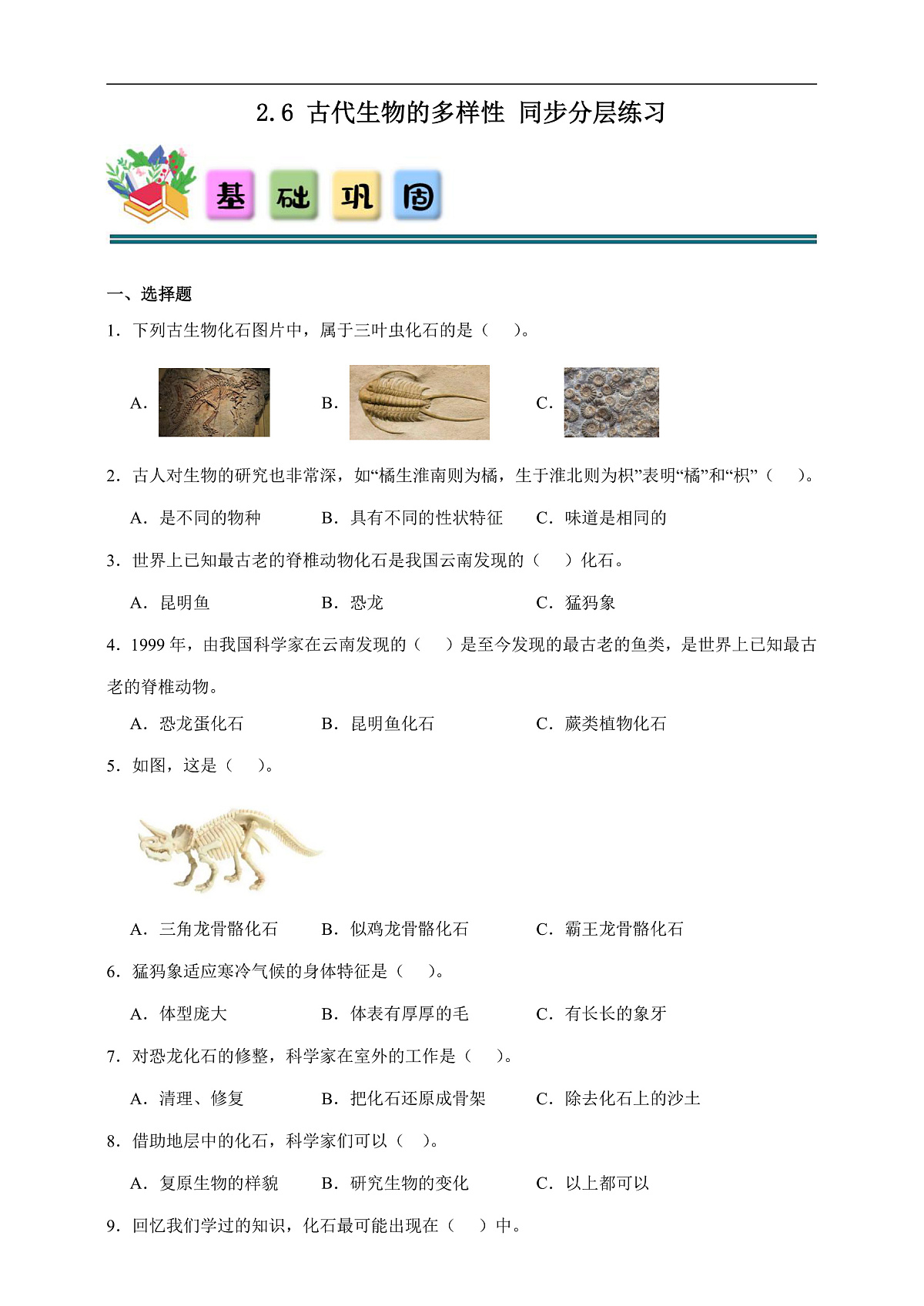2.6 古代生物的多样性 同步分层练习（含答案）-教科版六年级下册科学第1页