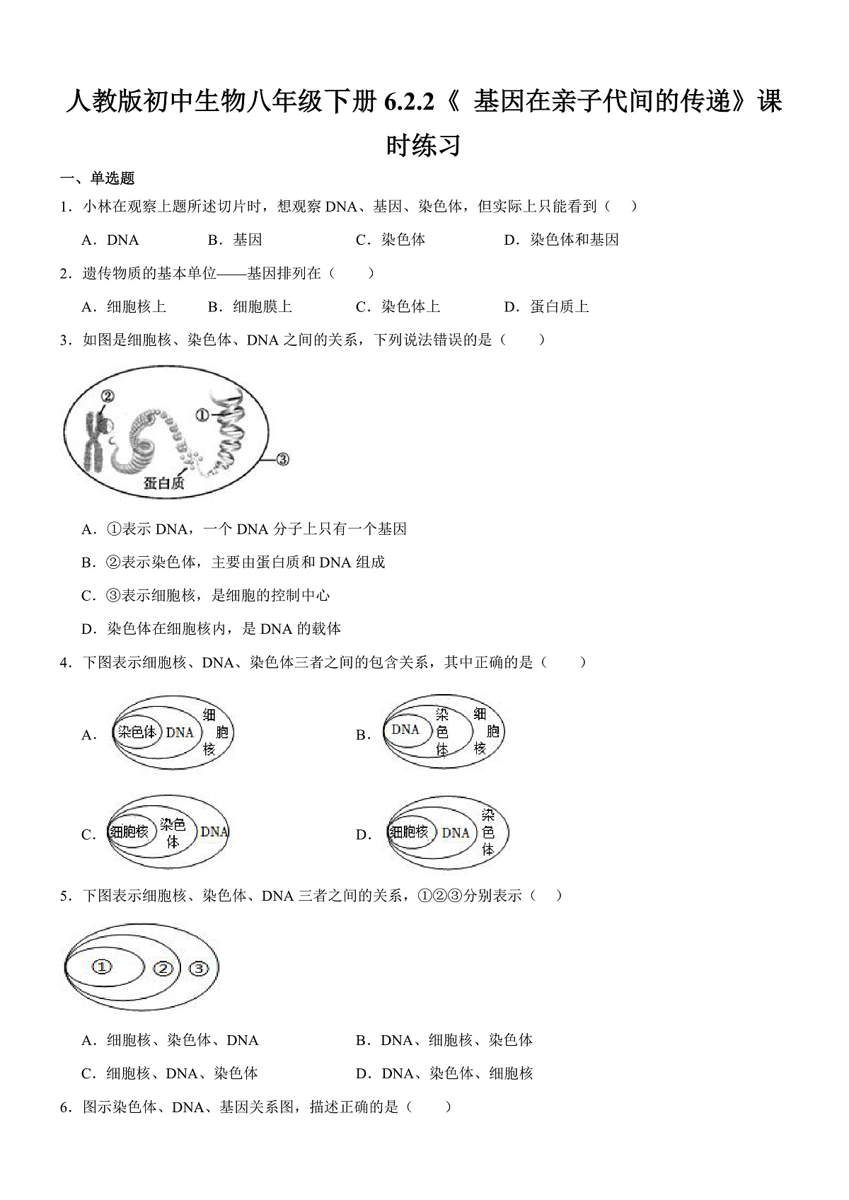 人教版初中生物八年级下册6.2.2《 基因在亲子代间的传递》课时练习第1页