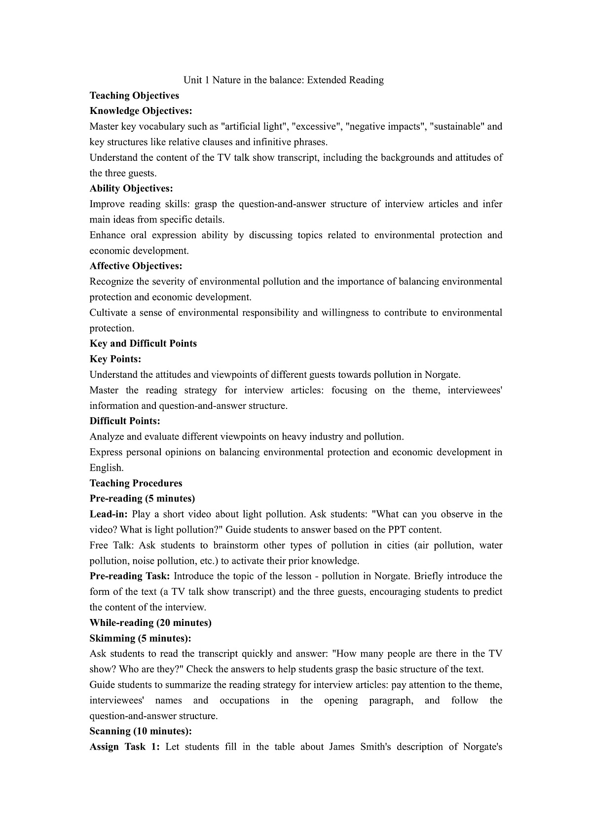 译林高一英语Unit1 Nature in the balance Extended reading 教案第1页