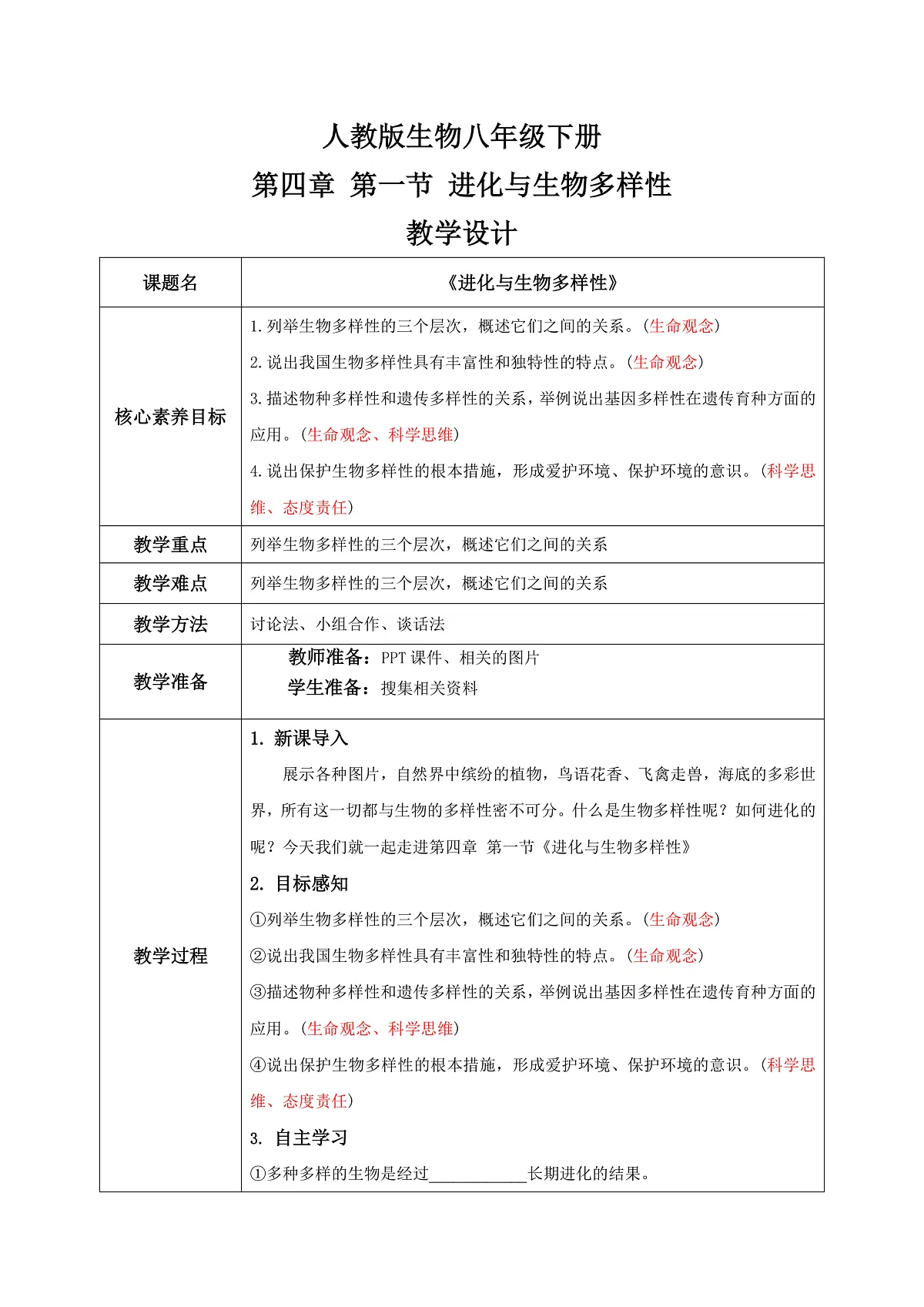 【核心素养目标】人教版初中生物八年级下册6.4.1《进化与生物多样性》教学设计（含教学反思）第1页