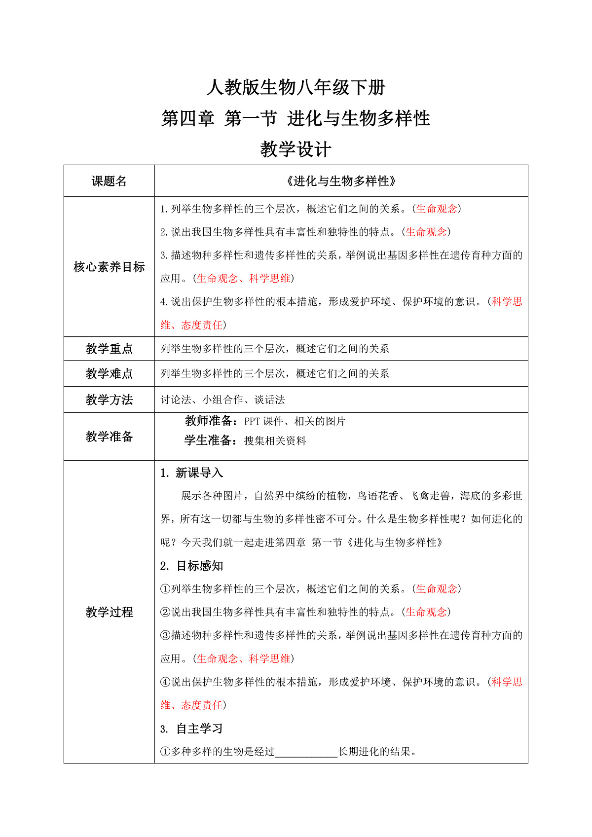 【核心素养目标】人教版初中生物八年级下册6.4.1《进化与生物多样性》教学设计（含教学反思）第1页