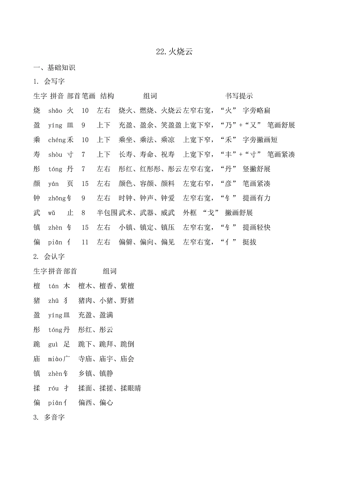【任务型备课】统编版三年级语文下册-22. 火烧云（知识清单）第1页