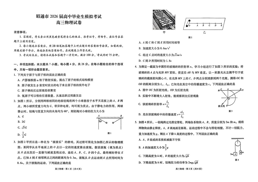 云南省昭通市2026届高中毕业生模拟考试物理第1页